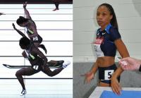 左は陸上全米選手権女子１００メートルで同着３位のシーン。右は相手の棄権で出場が決まったアリソン・フェリックス